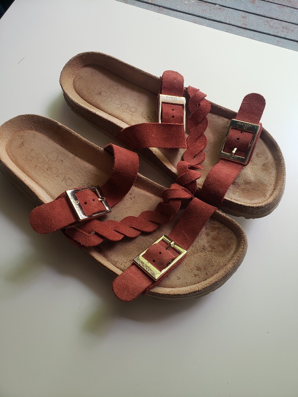 Yokono Leather Braided Suede Slide Sandals - Rust